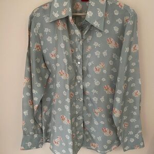 Vintage Floral Silk Button-Up Shirt in Pastel Blue and Coral